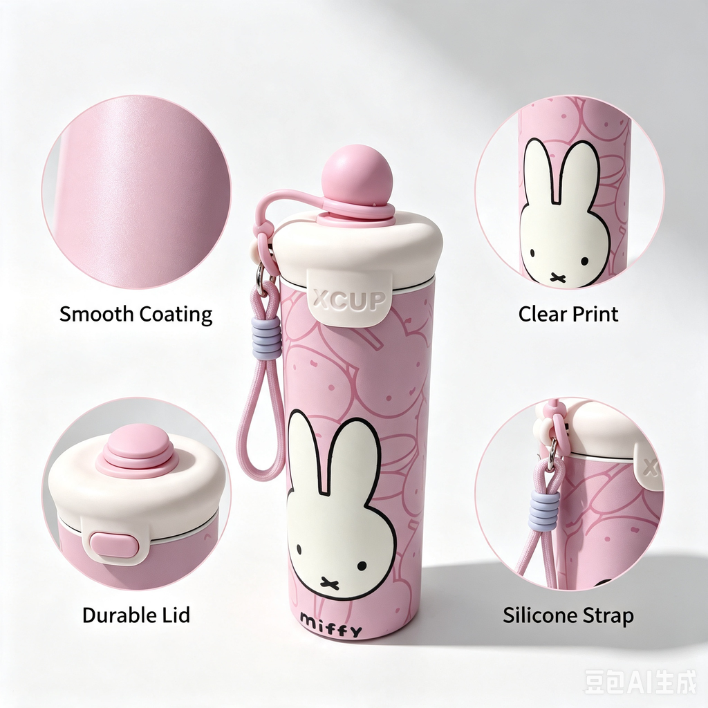 Cartoon Insulated Cup – Pink Rabbit Design Portable Travel Mug with Strap